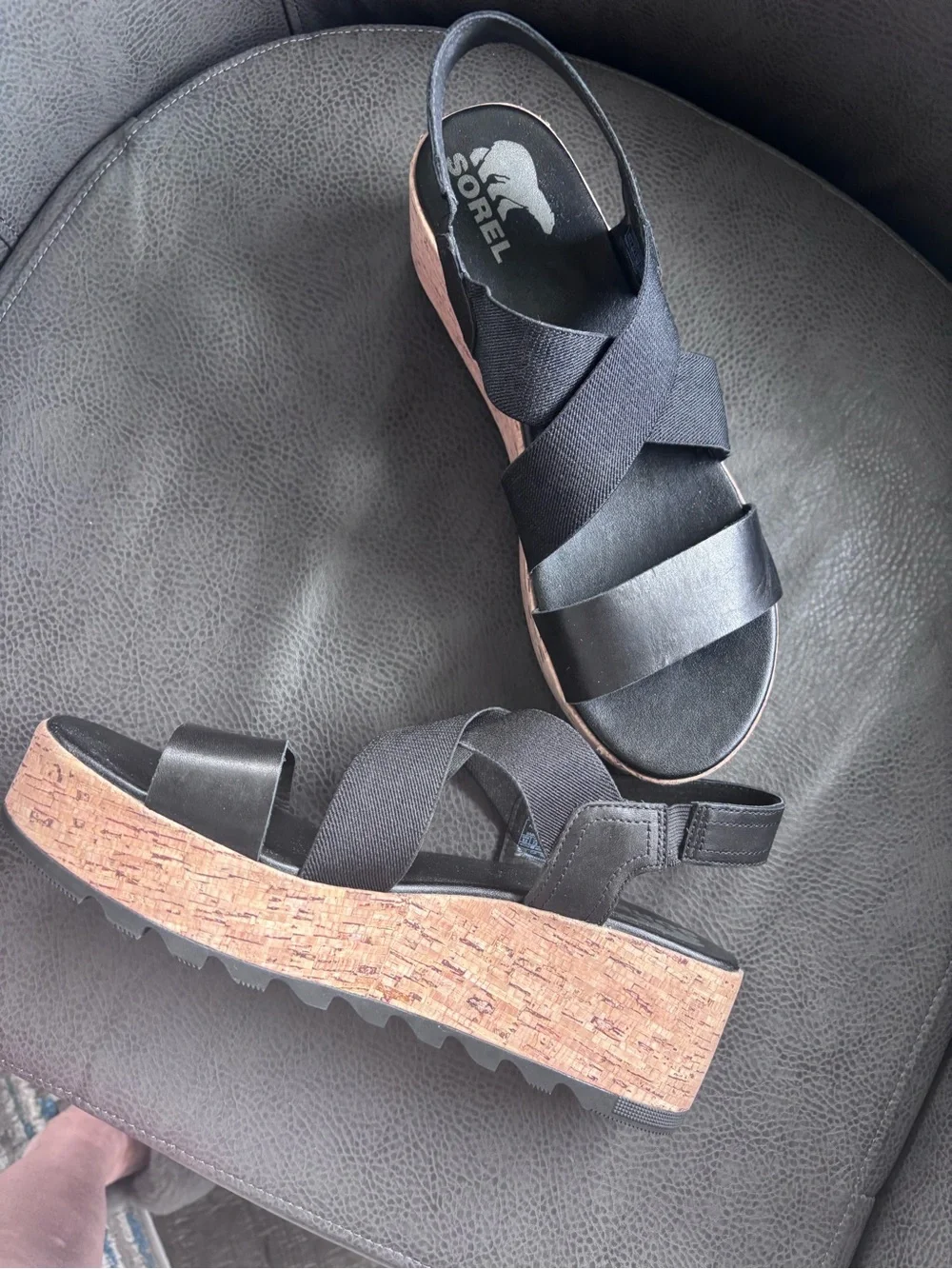 Sorel Black Platform Cork-Style Sandals